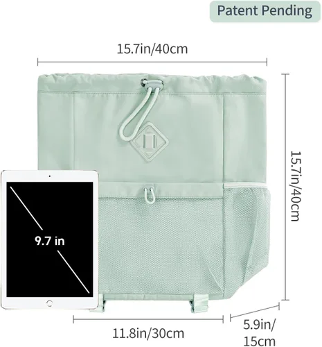 Vista 9 de WANDF Mochila con cordón para mujer, bolsa de gimnasio con correa para esterilla de yoga, resistente al agua, con bolsillo de malla, Verde