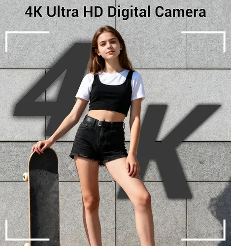 Vista 2 de Cámara digital 4K, cámara digital compacta digital de enfoque automático, zoom digital de 16X, cámara de viaje mejorada con tarjeta SD de 64 GB, 2