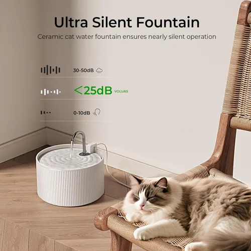 Vista 2 de Voluas Fuente de agua de cerámica para gatos: fuentes para gatos de 2.2L/74 oz para beber, dispensador automático de agua para mascotas con bomba