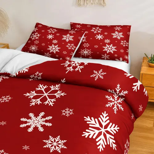 Vista 2 de Juego de ropa de cama de Navidad con funda de edredón de copos de nieve, color blanco y rojo, con estampado navideño, juego de ropa de cama festiva