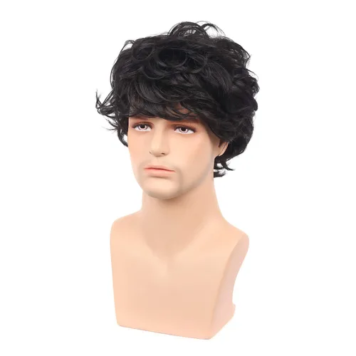 Vista 2 de Kaneles Peluca corta y rizada negra para hombre, con flequillo, disfraz de Halloween, cosplay, fiesta, peluca de cabello natural Color negro.