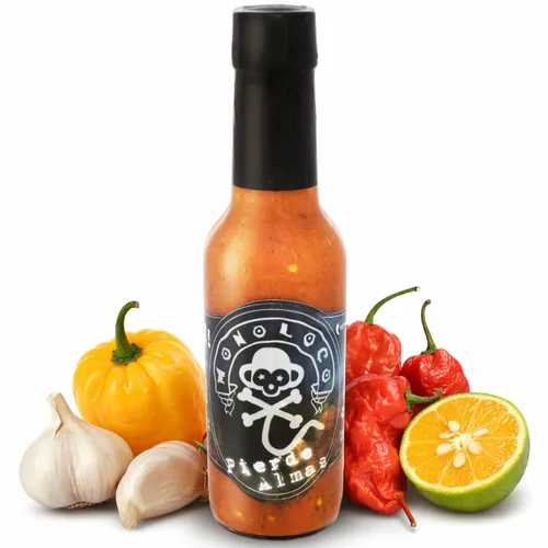 Vista 14 de Monoloco Salsa picante vegana sin gluten con gorro escocés panameño, rocoto, pimientos de cayena y pimientos fantasma, ajo y especies naturales