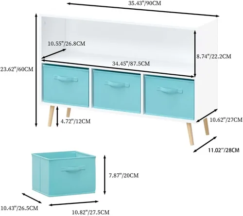 Vista 2 de Estantería infantil con 3 cajones de tela plegables, organizador de almacenamiento de juguetes con múltiples estantes para niñas y niños, habitación