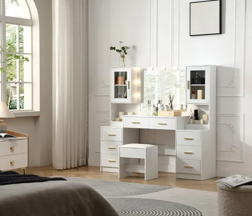 Vista 11 de FOREST GRAVITY Tocador grande de 58.3 pulgadas con espejo plegable y luces, escritorio de maquillaje con espejo y luces, tomacorriente, silla y dos