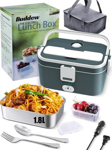 Vista 9 de Buddew Lonchera eléctrica para adultos, lonchera térmica de 80 W, calentador de alimentos portátil de acero inoxidable de 1.8 L, 12/24/110 V