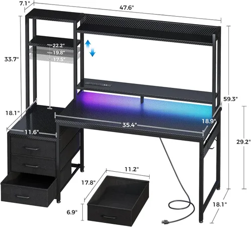 Vista 3 de Casaottima - Escritorio de juegos de 48 pulgadas con alacena y 3 cajones de tela, escritorio para computadora con puertos USB y luces LED, mesa