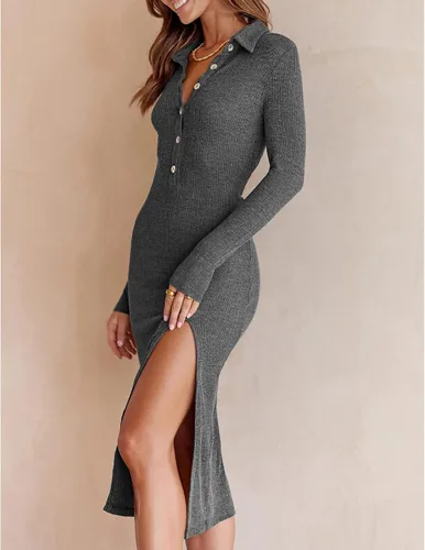 Vista 3 de Vestido tipo suéter con abertura y botones para mujer, cuello en V, manga larga, vestido casual, ajustado, de punto acanalado, vestido midi