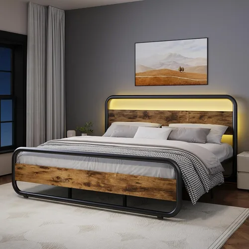 Vista 19 de Catrimown - Marco para cama individual con luces LED, marco de cama plataforma individual resistente de metal rústico con cabecera de madera