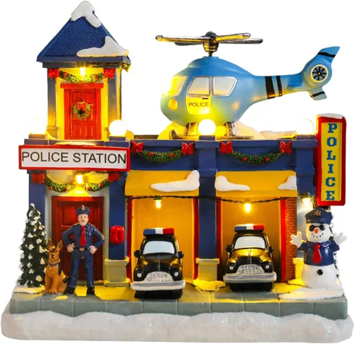 Vista 9 de WONDER GARDEN Casas de pueblo navideño, casas de Navidad, aldea - Estación de policía musical iluminada, edificios coleccionables con automóvil