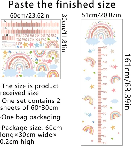 Vista 6 de Cartoon Rainbow Themed Growth Chart Wall Sticker for Kids Adhesive Child Height Measurement Ruler Wall Decal Set Kids Growth Chart
