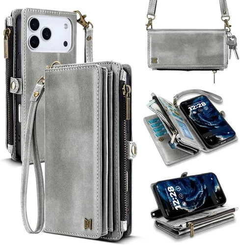 Vista 70 de Funda tipo cartera para iPhone 16 Pro Max con 8 tarjeteros, bloqueo RFID, piel sintética, función atril, abatible, correa de muñeca y correa
