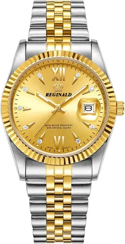 Vista 2 de PASOY Reloj de moda para hombre, tamaño unisex, acero inoxidable, fecha, dorado, bisel, plateado, reloj de pulsera de 1.417in, Moda