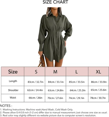 Vista 6 de TOPINCN Minivestido tipo camisa con cuello en V para mujer, estilo casual, manga larga, botones, fruncido, longitud hasta la rodilla, vestido