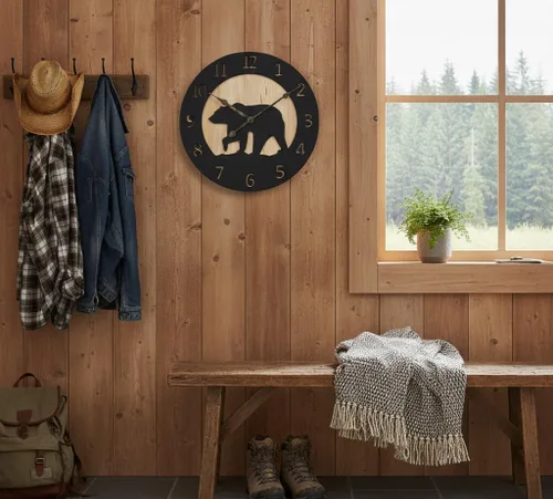 Vista 9 de Young's Inc Reloj de pared tallado con oso de madera, relojes de pared para decoración de sala de estar, reloj de pared funcional y decorativo
