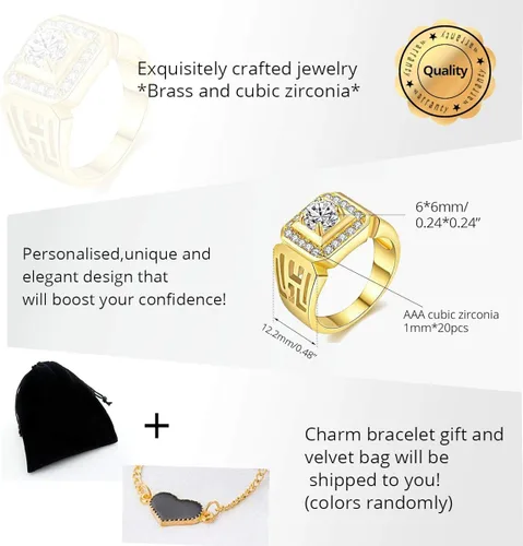 Vista 6 de Uloveido Anillos anchos cuadrados brillantes chapados en platino y oro con circonita cúbica brillante, anillos de boda para hombres JX001, talla 7