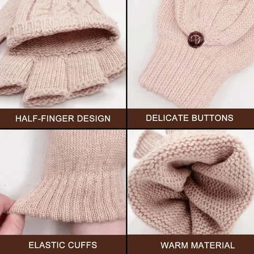 Vista 122 de Beurlike Guantes de invierno para mujer, de lana cálida, a prueba de viento, convertibles, sin dedos