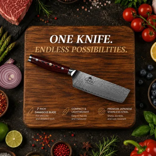 Vista 8 de Cuchillo japonés de acero inoxidable Damasco AUS-10, 7" Núcleo de acero japonés AUS-10 con acero Damasco de 67 capas para un rendimiento de corte