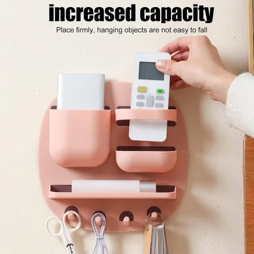 Vista 6 de Estante de montaje en pared, organizador de accesorios de mesita de noche con ganchos, almacenamiento adhesivo para teléfono, control remoto, Rosa