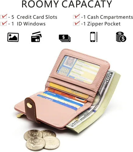 Vista 2 de Billeteras pequeñas para mujer, compactas y plegables, con bloqueo RFID, de piel auténtica, mini monedero con ventana de identificación y bolsillo