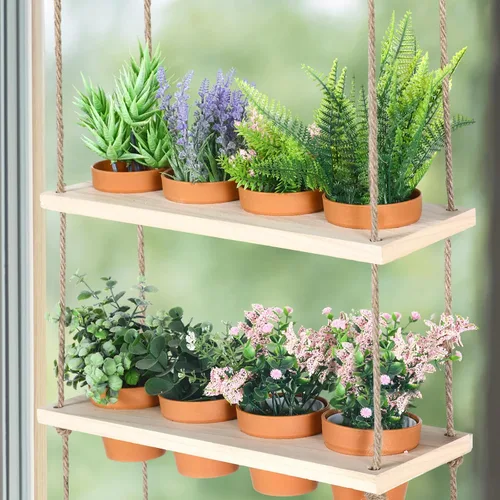 Vista 3 de FillTouch Macetas colgantes de hierbas de 3 niveles para colgar en la pared de jardín de hierbas con 12 piezas de maceta vertical de madera