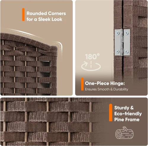 Vista 5 de 6 Panel Woven Room Divider, 69" Folding Privacy Screen, Brown Marrón