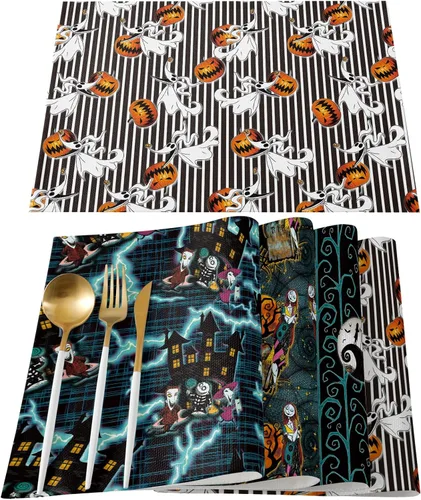 Vista 11 de Juego de 4 manteles individuales de Halloween, con temática de pesadilla, resistentes al calor, lavables, para cocina, mesa de comedor, manteles