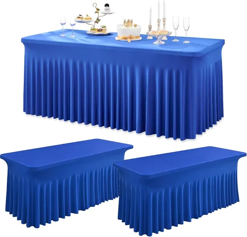 Vista 20 de Paquete de 3 Manteles de Spandex Azul Bebé para Mesas Rectangulares de 6 Pies, Falda de Mesa Azul Elástica Ajustada de 6 Pies para Fiestas de Boda