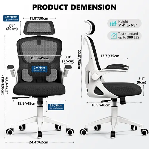 Vista 2 de Silla de oficina ergonómica, silla de escritorio de malla con reposacabezas ajustable y soporte lumbar, silla de computadora con ruedas con Blanco