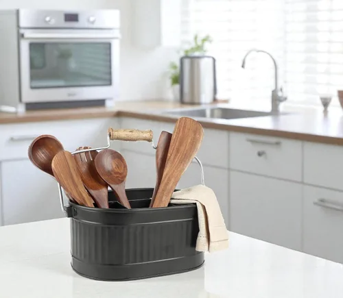 Vista 9 de CLEENTABLE Organizador rústico galvanizado para utensilios – Soporte de cubiertos de granja para cocina, comedor, picnic, fiestas, organizador