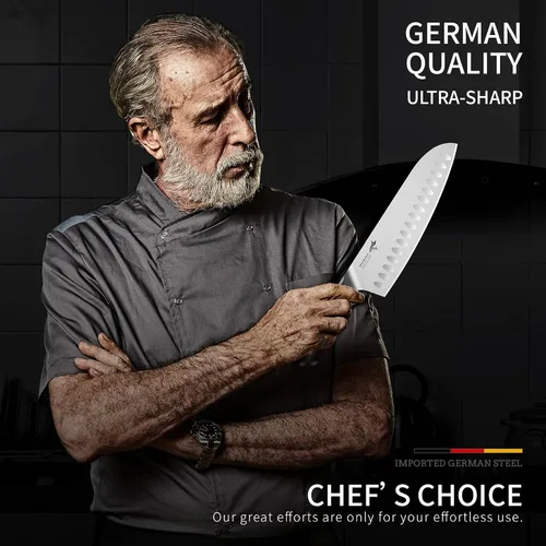Vista 8 de Mad Shark - Cuchillo de chef profesional Santoku de 8 pulgadas, de acero inoxidable alemán de alto carbono, antiadherente, ultra afilado, con mango