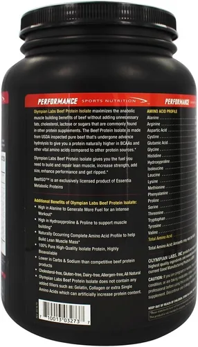 Vista 3 de Olympian Labs Polvo aislado de proteína de res, 0.85 oz de proteína, libre de BST, 0.07 oz de BCAA's, aminoácidos de construcción muscular, 1 libra