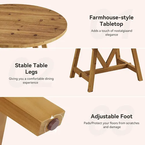 Vista 7 de Mesa de comedor de madera maciza de 47 pulgadas para 4-6, mesa de cocina redonda de granja con patas de madera resistentes, mesas de comedor