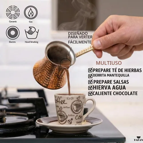 Vista 5 de Cafetera turca Hakan Hervidor de agua para estufa, cafetera, calentador de mantequilla, chocolate y leche Calentamiento uniforme y rápido