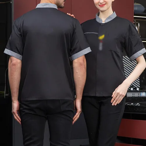 Vista 3 de Abrigo de chef con botones para hombre, manga cortalarga, chaqueta de chef unisex ligera