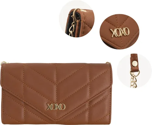 Vista 6 de XOXO Cartera pequeña de cuero vegano con correa cruzada de cadena para mujer, Coñac