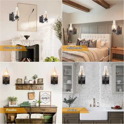 Vista 3 de Yisuro Aplique de Pared con Cable, Aplique de Pared de Bronce Cepillado con Cable para Interior, Lámparas de Pared Retro Rústicas con Vidrio Ámbar