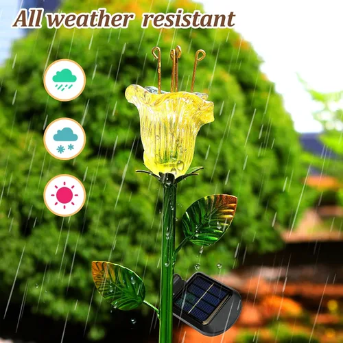 Vista 3 de VChymm Paquete de 2 flores decorativas solares, luces de lirio de vidrio amarillo impermeables, encendido/apagado automático para jardín, patio