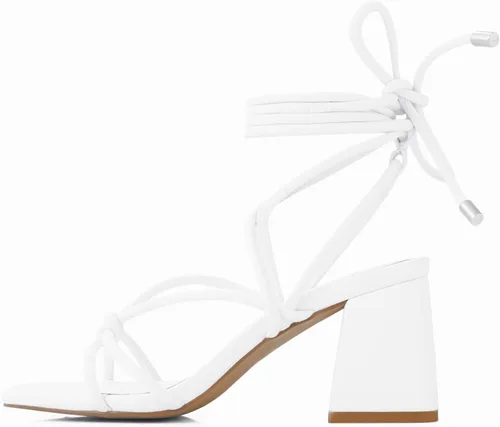 Vista 2 de Shoe'N Tale Tacones con cordones para mujer, sandalias de tacón alto estilo gladiador con tiras en el tobillo, tacón grueso, puntera abierta