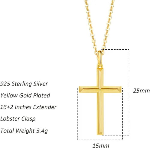 Vista 3 de FANCIME Yellow Gold Plated 925 Sterling Silver Beveled Cross Pendant Necklace Dainty Fine Delicate Jewelry Gifts for Women Girls 18 INCHES