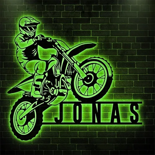 Vista 4 de Arte de pared de metal personalizado para motocicleta con luz LED, regalos para el día del padre, regalos de moto de cross para niños y hombres