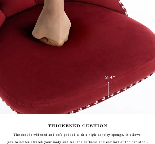 Vista 63 de SoarFlash Juego de 2 taburetes de bar tapizados de terciopelo moderno con patas de madera, botones acolchados, cabeza de clavo cromada, asiento