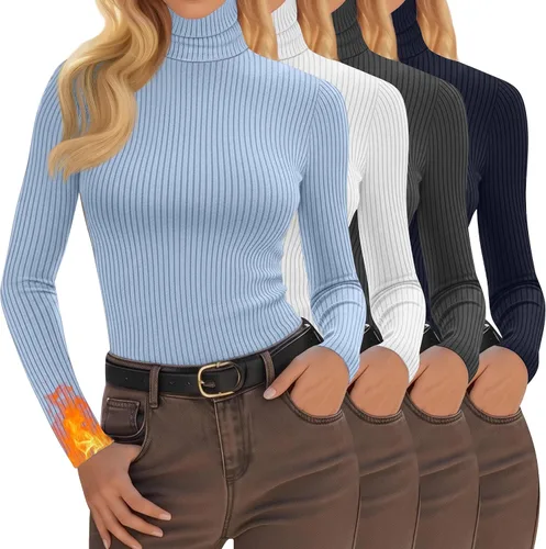 Vista 25 de Oakgarden Paquete de 4 camisetas térmicas de cuello alto para mujer, de manga larga, acanaladas, de algodón, ajustadas, capa base, ropa
