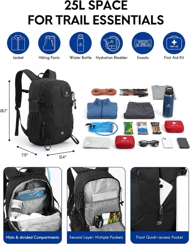 Vista 3 de Haimont Mochila de senderismo ligera de 25L con cubierta para lluvia, color Negro