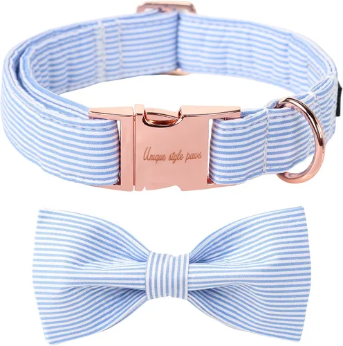 Vista 26 de Unique style paws Collar de perro de algodón con lazo, collar para cachorro con cuadrícula negra y azul para perros pequeños, medianos y grandes