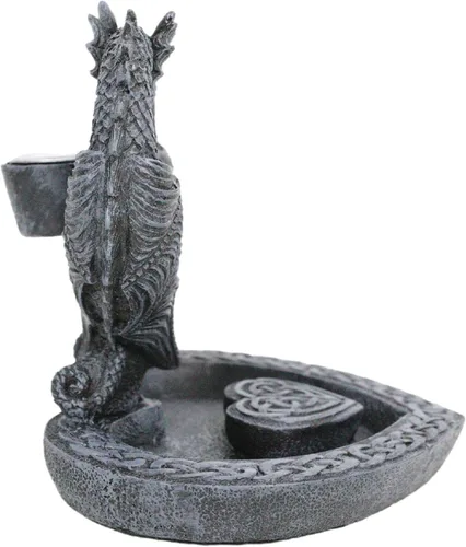 Vista 3 de Ebros Gift Guardian of Faux Stone Celtic Heart Tomb Altar Romántico Doble Dragón Cono de reflujo Incienso en cascada Humo Piscina Cascada Quemador