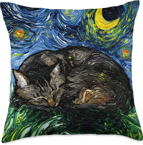 Vista 5 de Sagittarius Gallery Aja Throw Pillow - Arte de noche estrellada de gato marrón durmiendo, 16 x 16 pulgadas, multicolor
