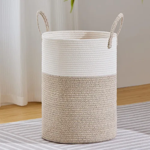 Vista 39 de VIPOSCO Cesta de lavandería tejida pequeña de 30L, color marrón y blanco