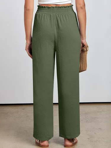 Vista 5 de ANRABESS Pantalones palazzo de pierna ancha para mujer con bolsillos, cintura alta, nudo de lazo, negocios, casual, de moda, bohemios