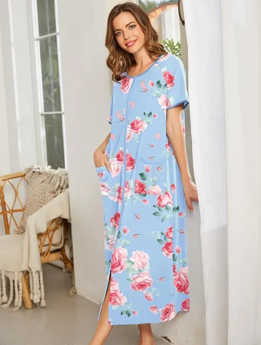 Vista 4 de Ekouaer Batas para Mujer con Cremallera Frontal Manga Corta Longitud Completa Bata de Casa con Bolsillos Ropa de Descanso S-4XL