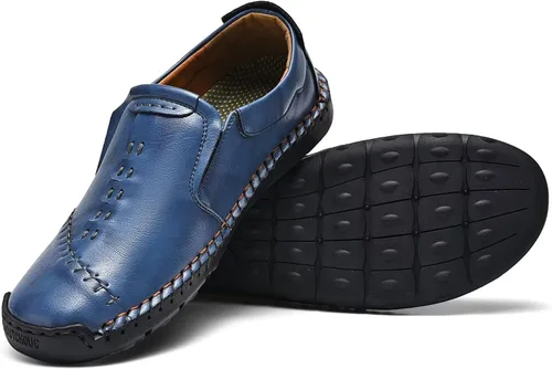 Vista 3 de MCEMACHI Mocasines de cuero para hombre, sin cordones, costuras a mano, zapatos casuales de moda para conducir Arkget para hombre. Incluye plantilla